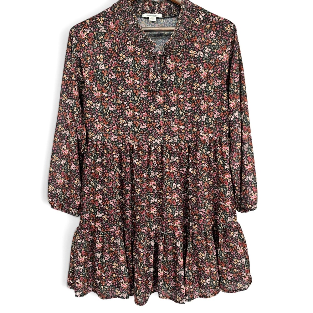 American Eagle Small Black Ditsy Floral Tiered Mini Dress Smocked Boho EUC